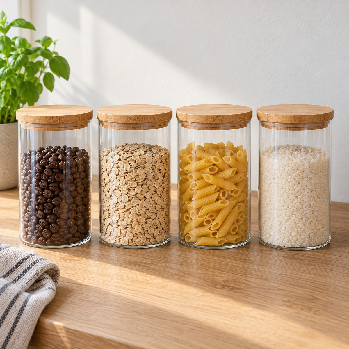 Four matching glass jars with bamboo lids lined up, containing coffee, rolled oats, pasta and rice