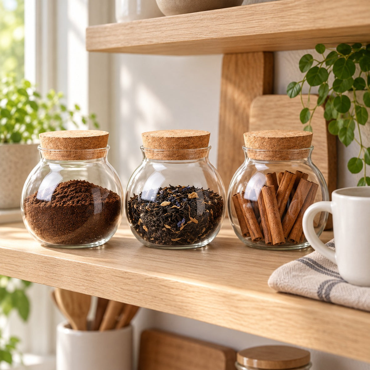 Glasskrukker med korklokk med kaffe, te og kanel på kjøkkenhylle