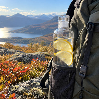 Glass bottle with lid containing water and lemon in the side pocket of a hiking backpack in the mountains