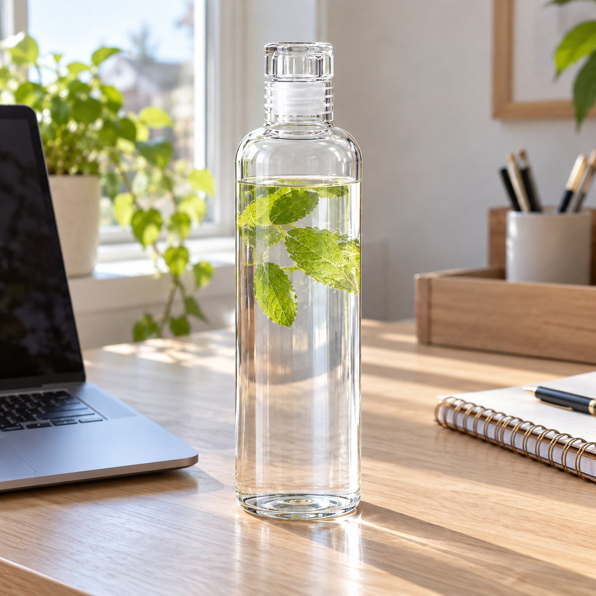 Glass bottle with lid containing water and mint on a home office desk