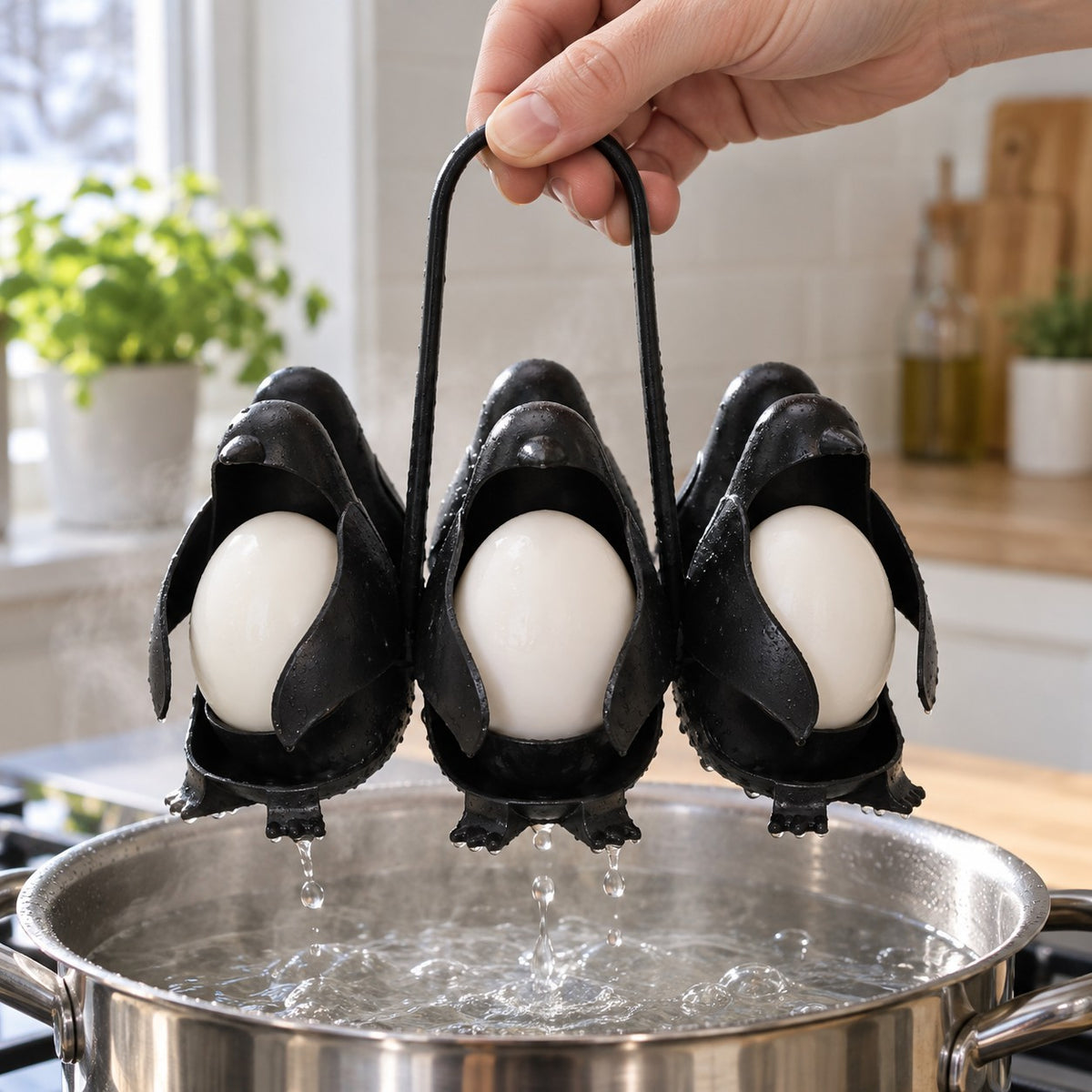 Pingvin eggekoker løftes ut av kjelen med tre kokte egg etter koking
