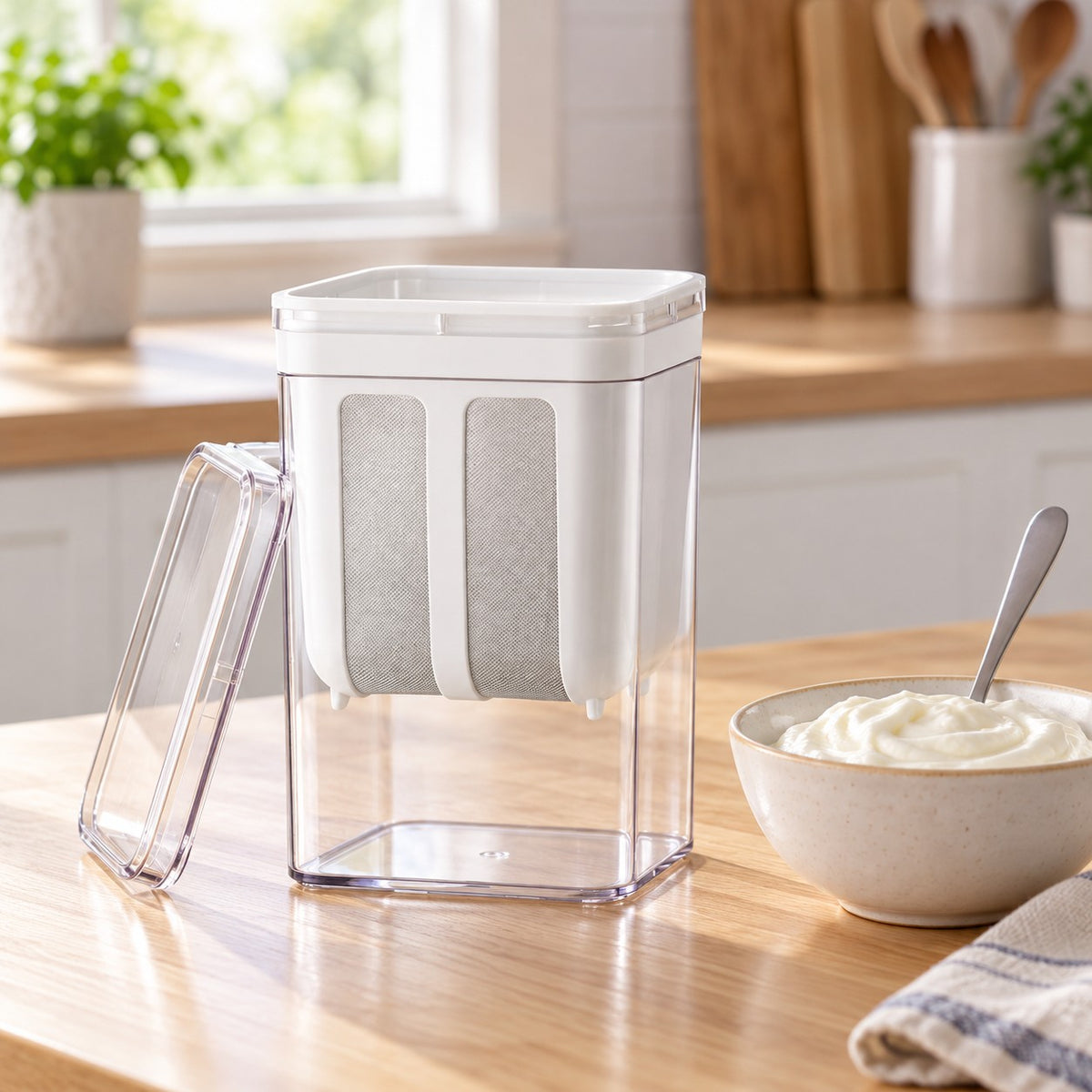 Yoghurtfilteret med lokket av, filterinnsats med to stålduker og en bolle tykk yoghurt