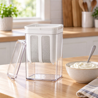 Yoghurtfilteret med lokket av, filterinnsats med to stålduker og en bolle tykk yoghurt