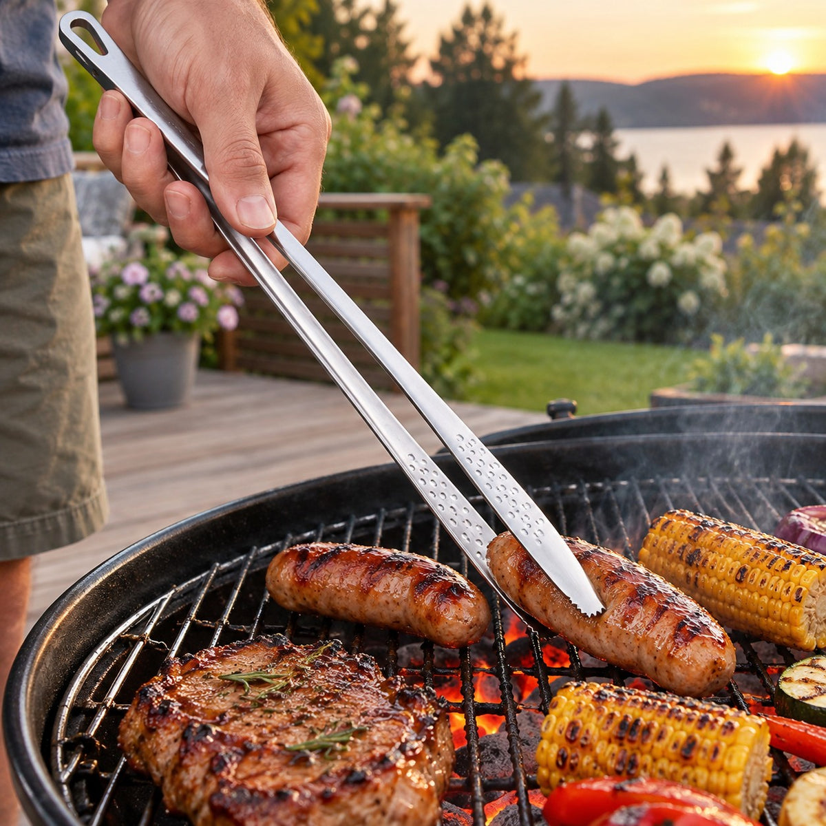 Grilltang i rustfritt stål snur pølser på kullgrillen en sommerkveld