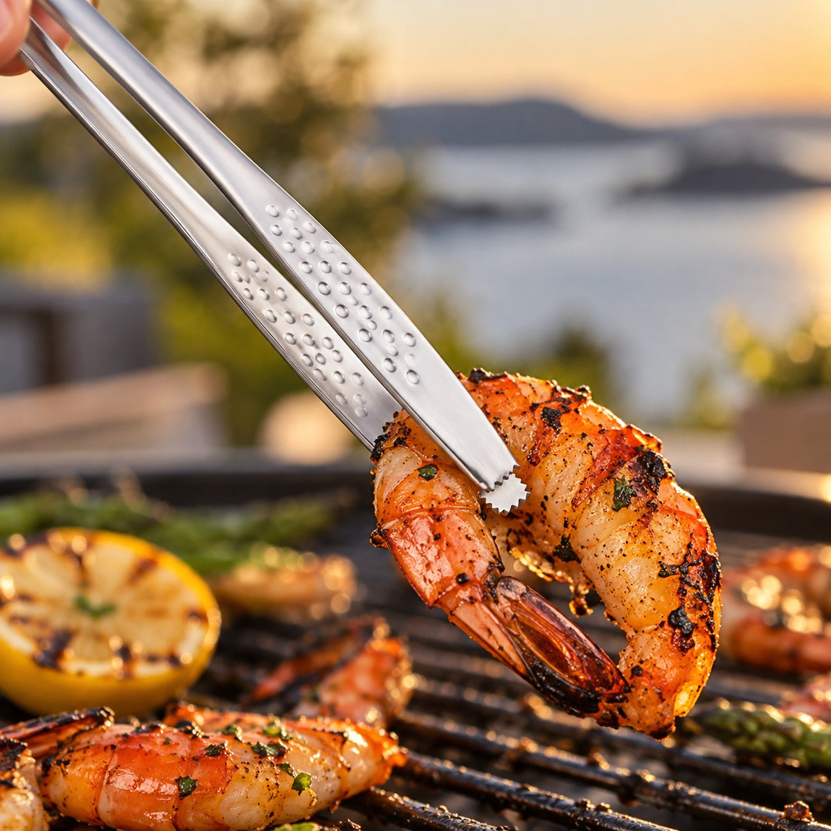 Nærbilde av de taggete tuppene på grilltangen som holder en grillet reke