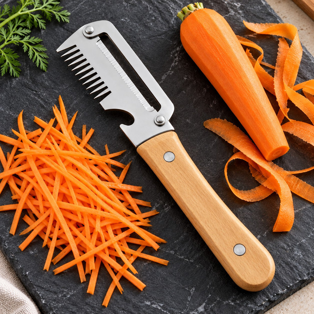 Vegetable cutter with comb, peeling blade and wooden handle on a slate board with carrot strips