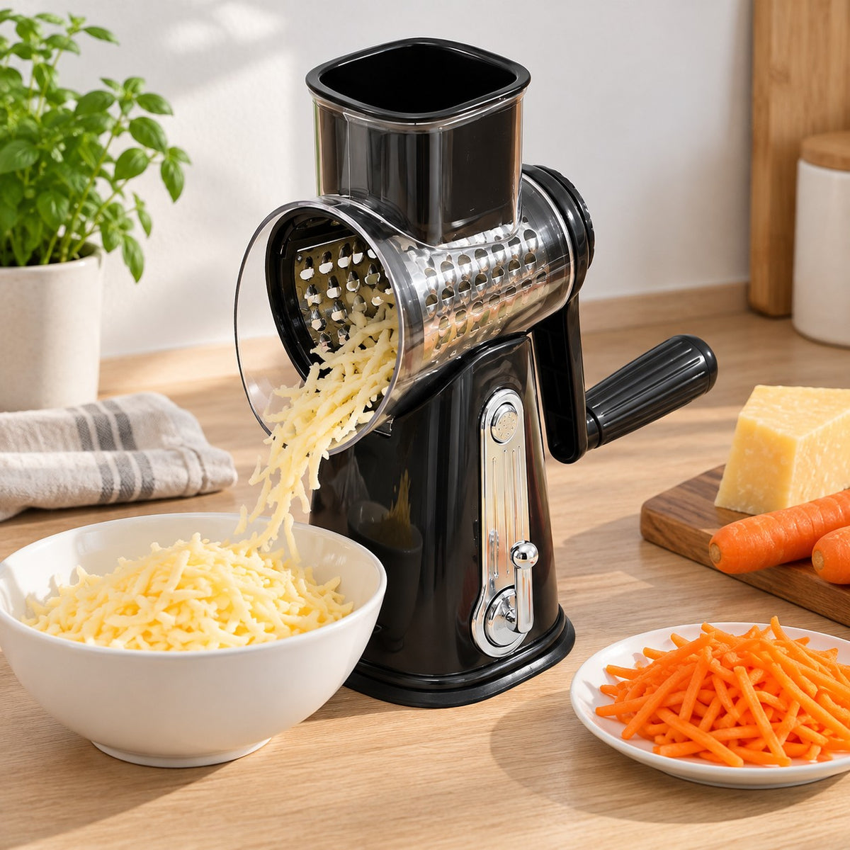 Black Rivix rotary grater on the kitchen benchtop grating cheese directly into a bowl, with grated carrot beside it
