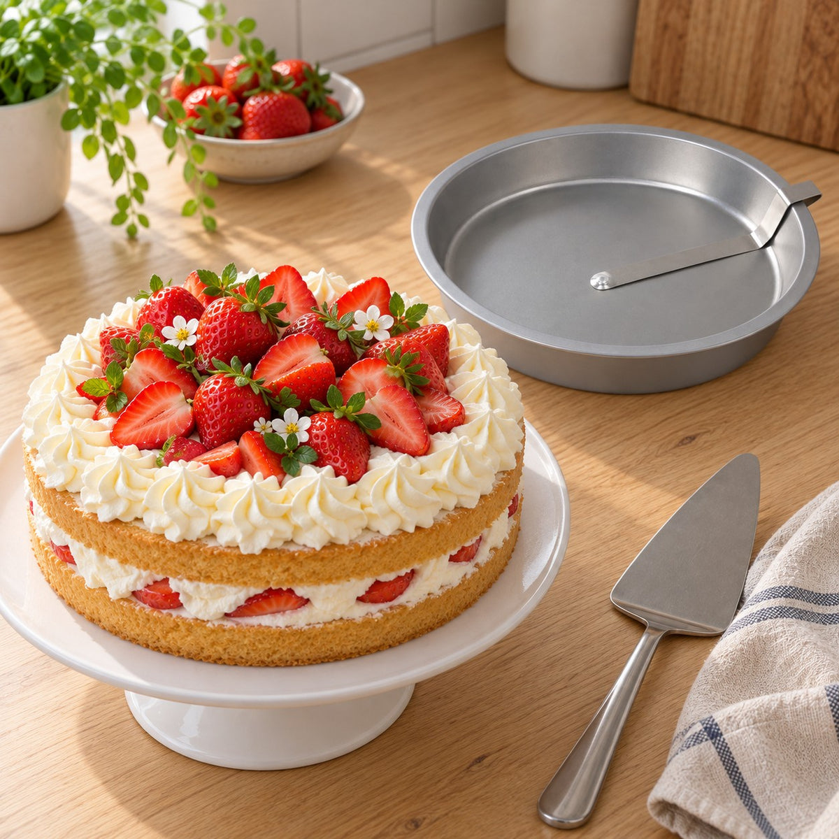 Strawberry cream layer cake made with thin cake layers, with the Slippa cake tin and release lever beside it